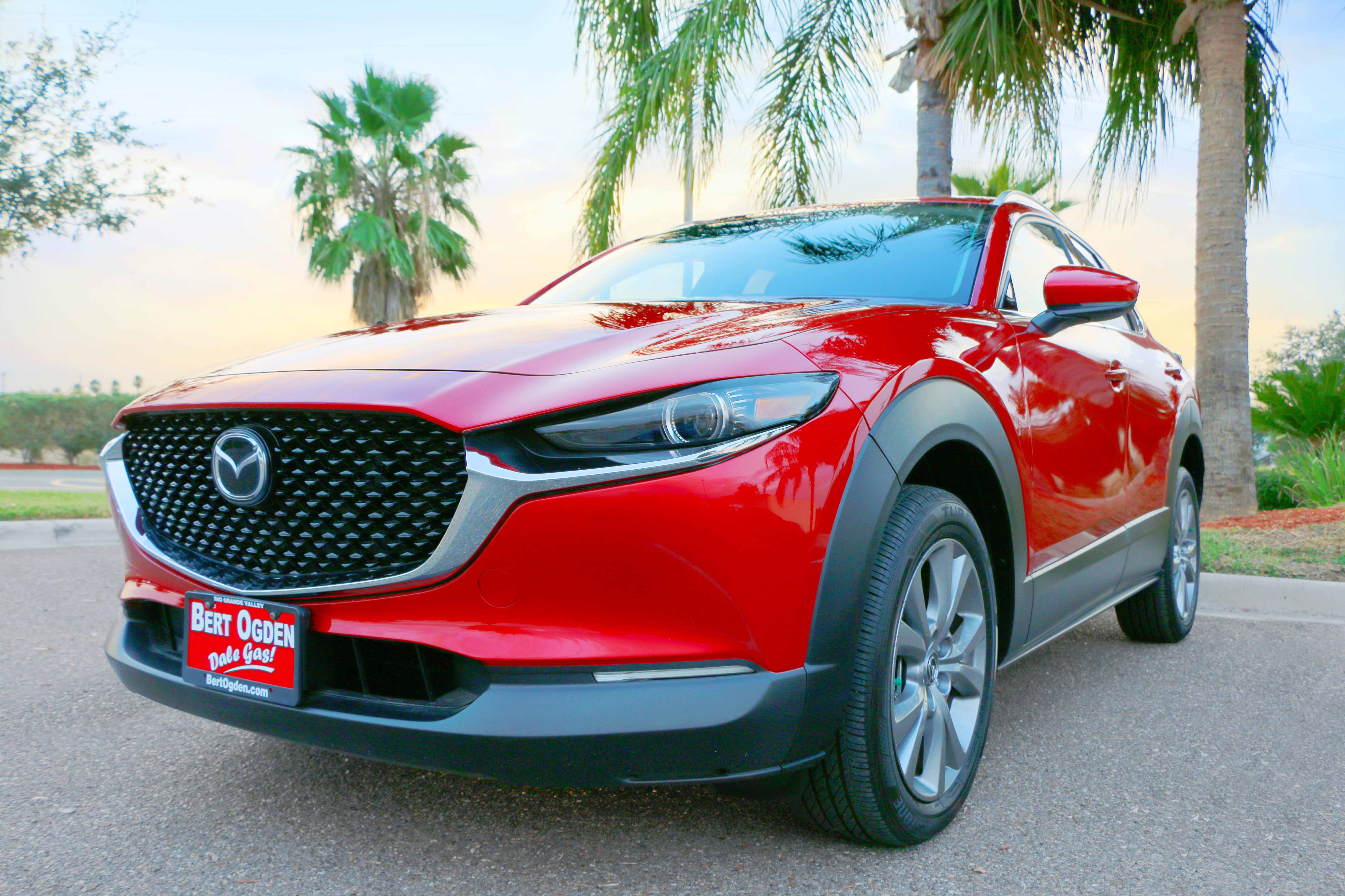 front view of Mazda CX-30 parked in front of palm trees