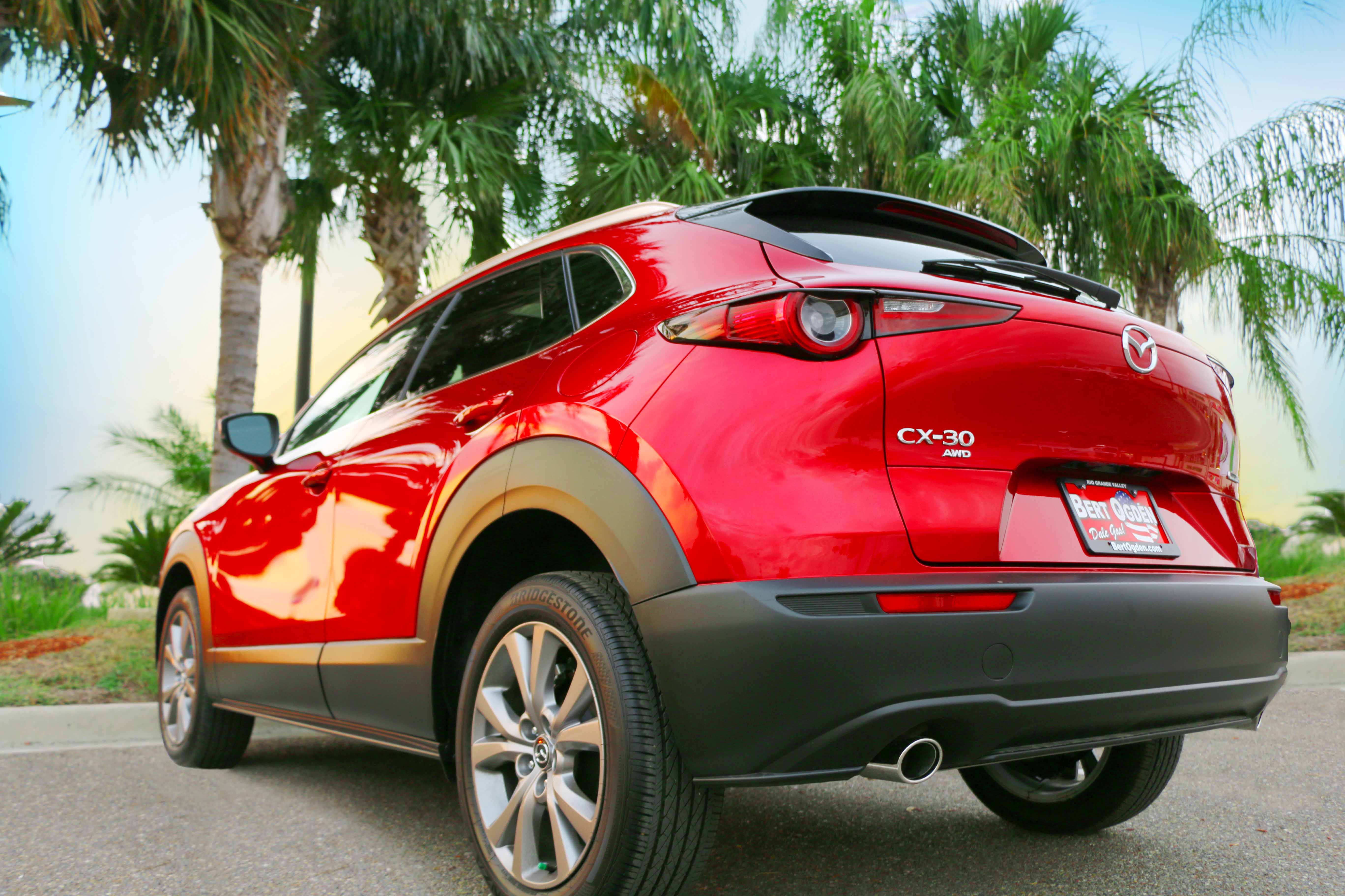Rear view of Mazda CX-30 parked in front of palm trees