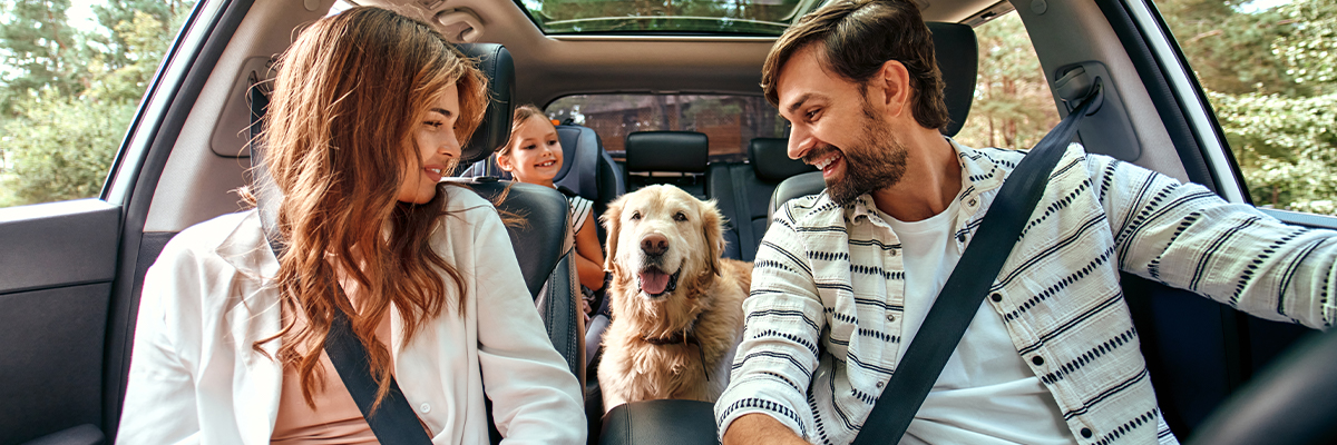 Family and their dog sitting in a car