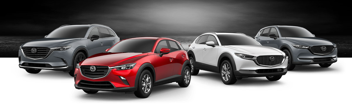 Left to right: 2021 Mazda CX-9, 2020 Mazda CX-3, 2021 Mazda CX-30, 2021 Mazda CX-5