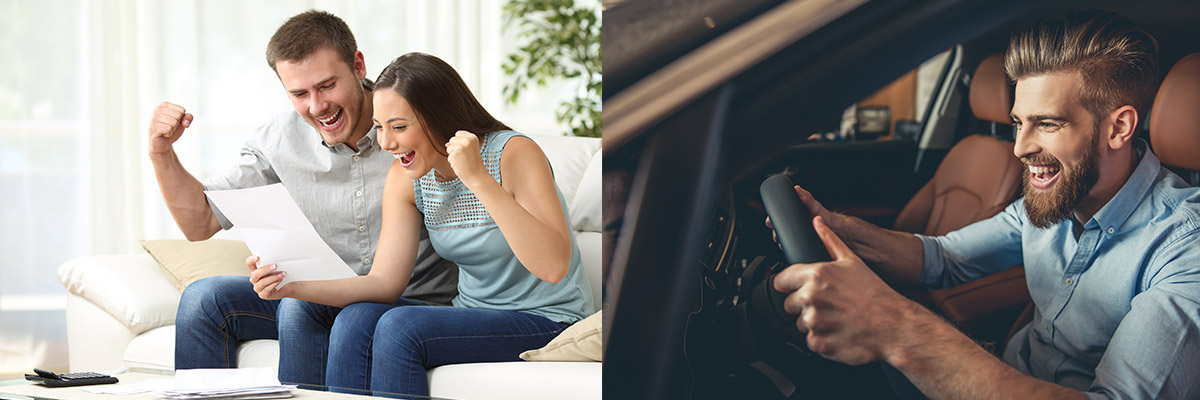 on the left side there is a couple with a paper in hand celebrating in their living room. on the right side there is a close up of a man driving a new car